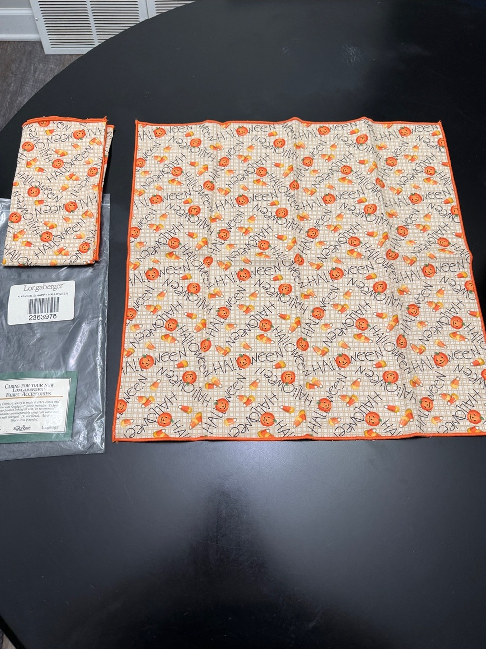 Longaberger Orange and Cream Halloween Napkins with Pumpkin & Candy Corn Motif